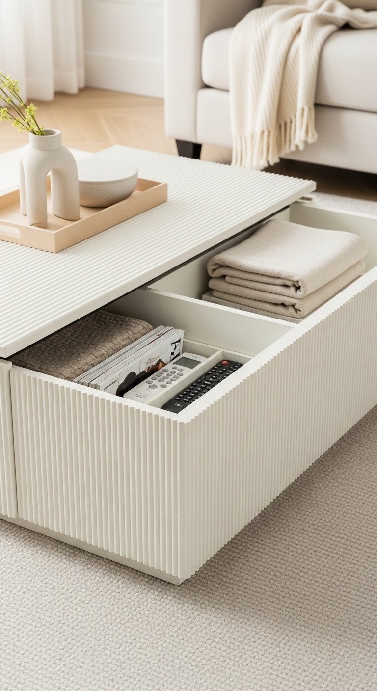 Rectangular ribbed coffee table with open hidden storage, showing remotes and magazines, on a white rug in a bright living room.