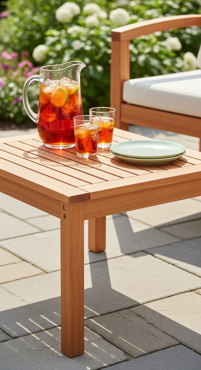 Rectangular slatted outdoor coffee table, cedar wood, on patio. Natural wood texture, designed for drainage.