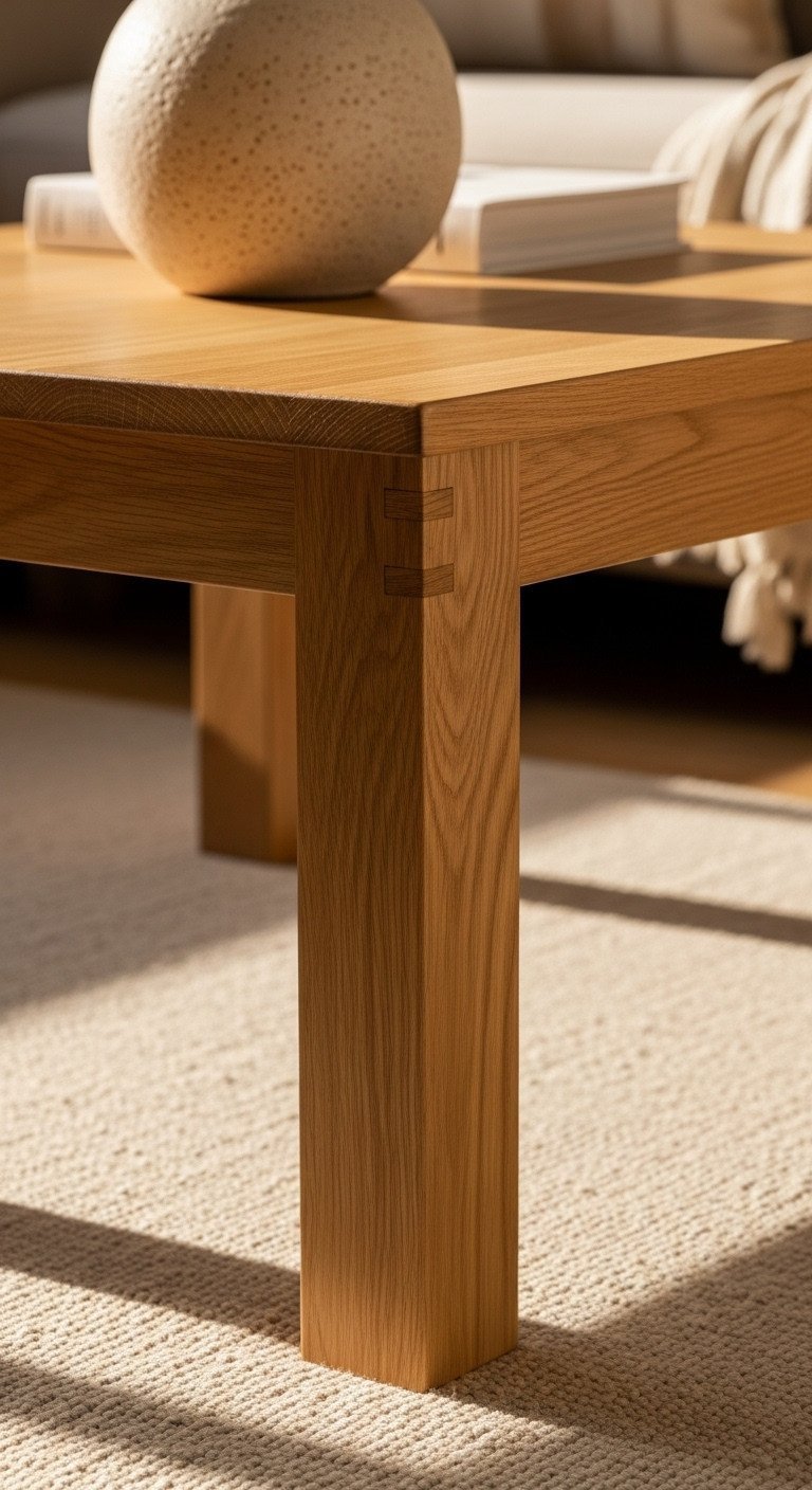 Rectangular solid oak Scandinavian coffee table, highlighting natural wood grain and joinery, styled with a ceramic piece.