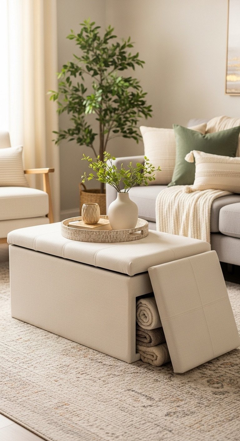 Rectangular storage ottoman coffee table in cozy living room. Tray holds book, vase; lid ajar reveals hidden blankets, for organized space.