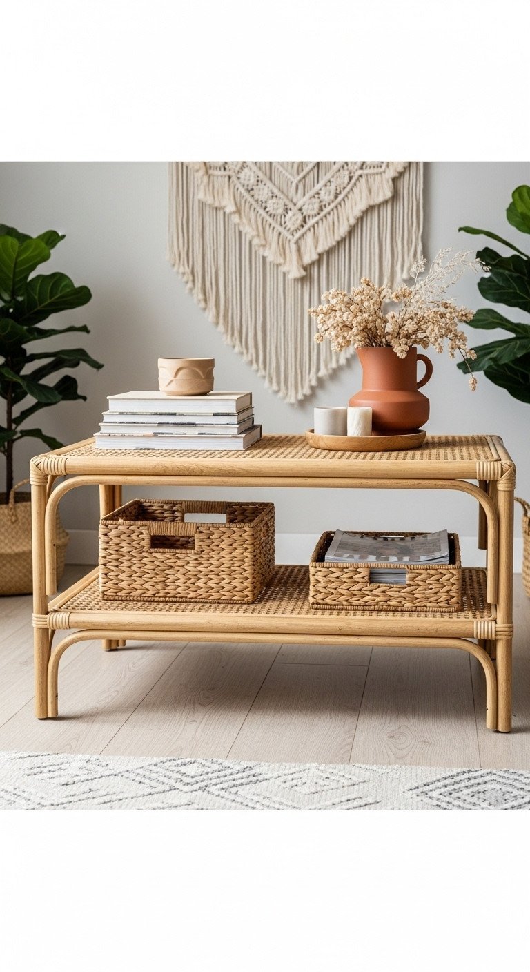 Rectangular two-tier rattan coffee table with display shelf in bohemian living room with macrame & plants.
