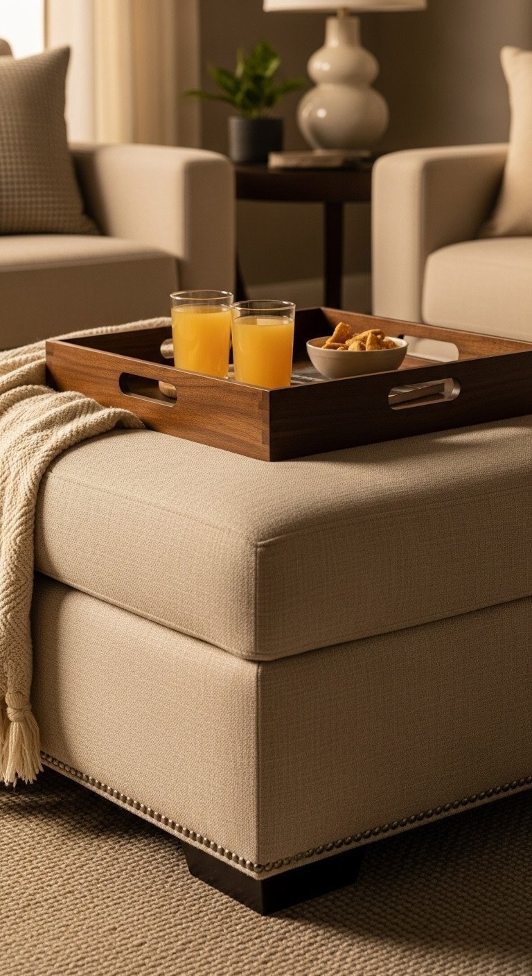 Rectangular upholstered ottoman coffee table with a dark wood tray holding drinks and snacks. Draped blanket in a cozy living room.