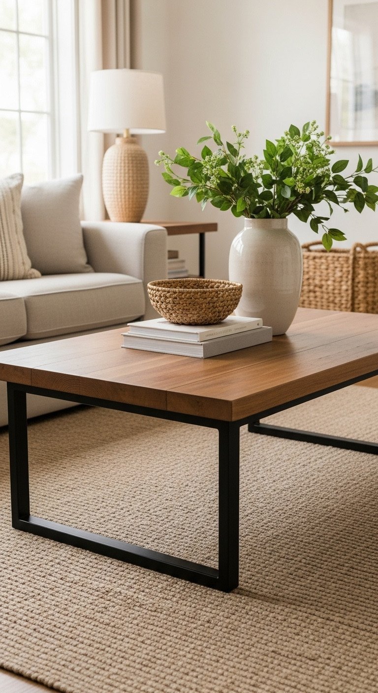 Rectangular wood and matte black metal coffee table with natural grain in a transitional living room.