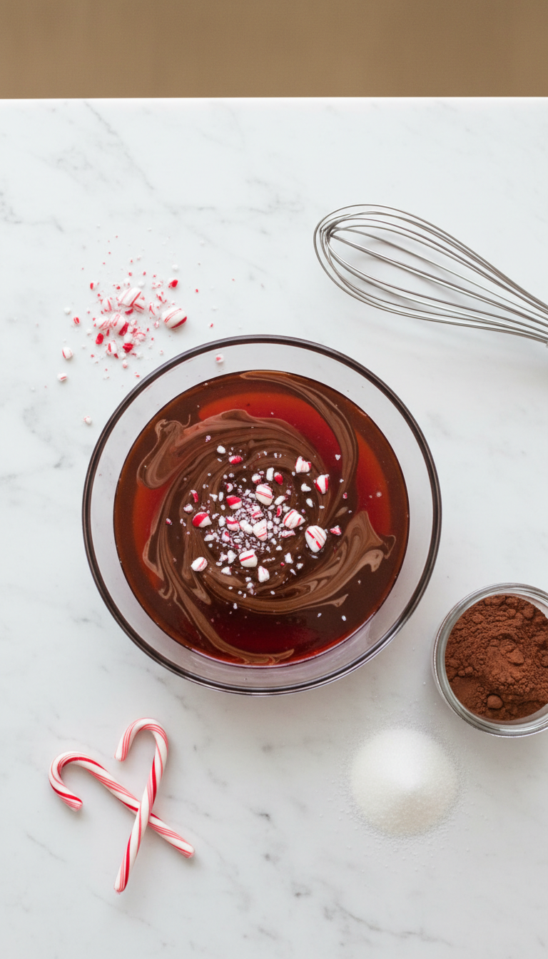 Homemade Coffee Syrup Flavors: 11 Easy Recipes to Master 13 Red peppermint mocha syrup base with chocolate sauce, peppermint candy pieces, cocoa powder on a white marble counter.