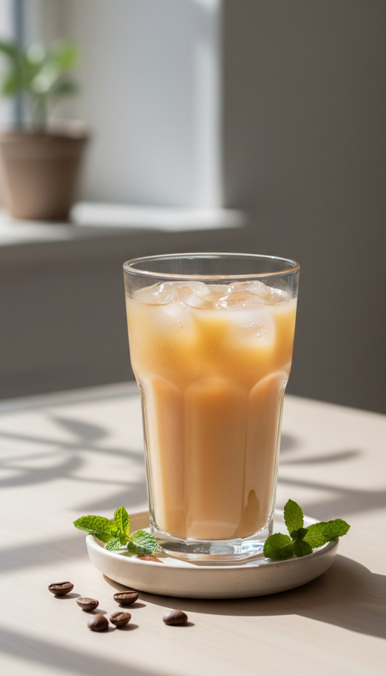 Reduced-sweetness Dunkin Pumpkin Iced Coffee with mint, ice, on ceramic, minimalist background. Light and natural fall beverage.