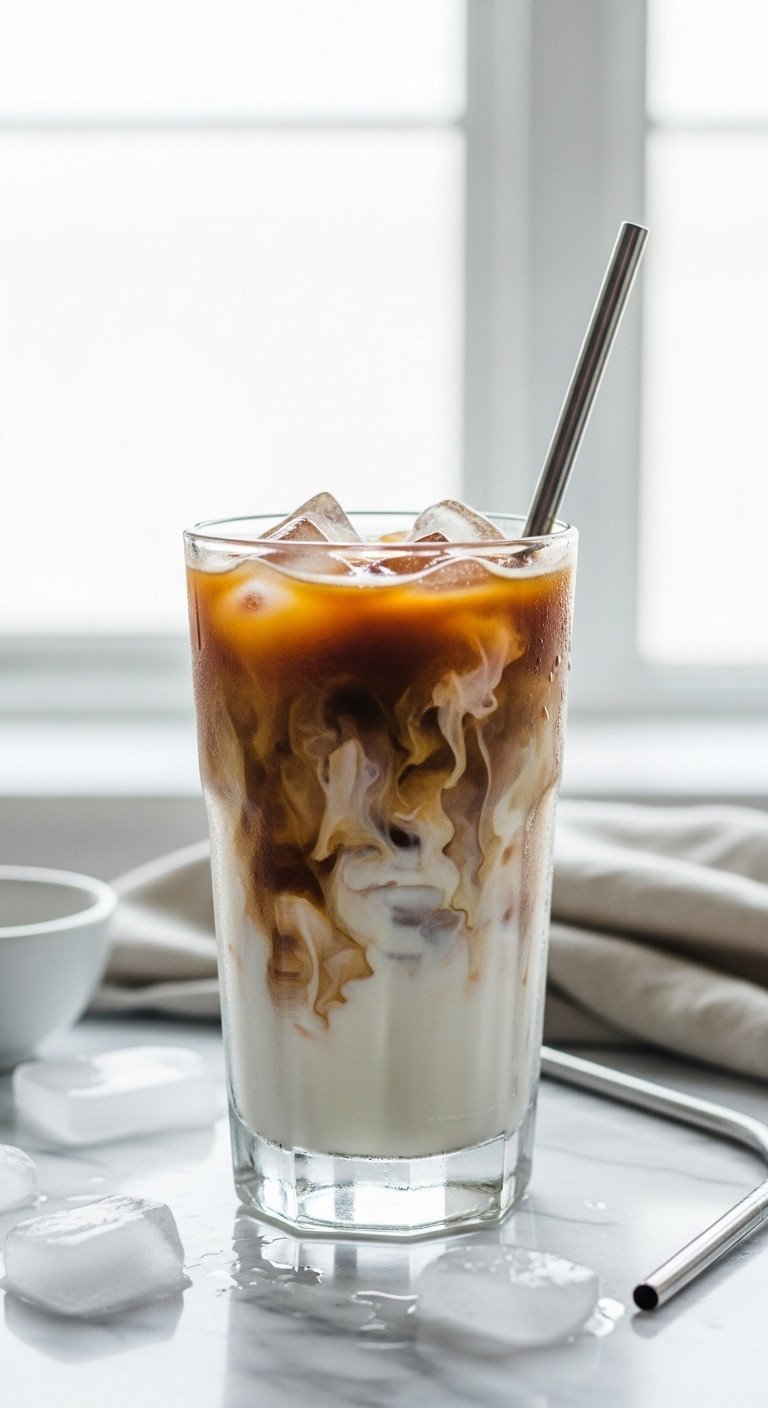 Chai Latte Recipe Master The Perfect Spice And Froth 9 Refreshing Iced Chai Latte in tall glass with clear ice, dark chai base, creamy milk swirling, on marble counter.