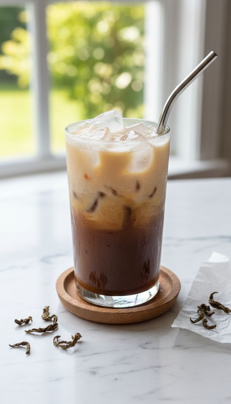 Hojicha Latte Master Recipe for Perfect Creamy Flavor 11 Refreshing Iced Hojicha Latte in a condensation-covered glass with layered tea, milk, and clear ice cubes.