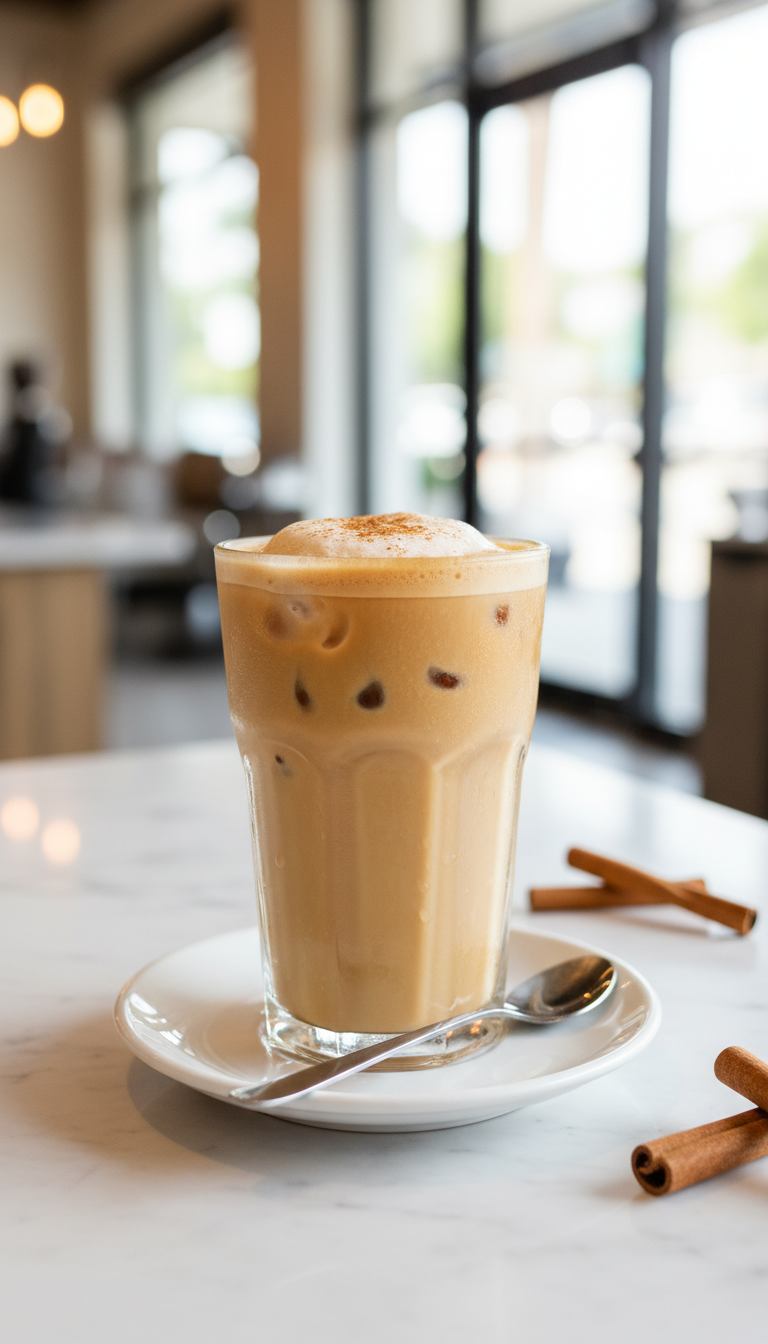 Refreshing cinnamon vanilla iced coffee, churro style, with foam, cinnamon dust, ice, spoon on marble countertop, blurred coffee shop.
