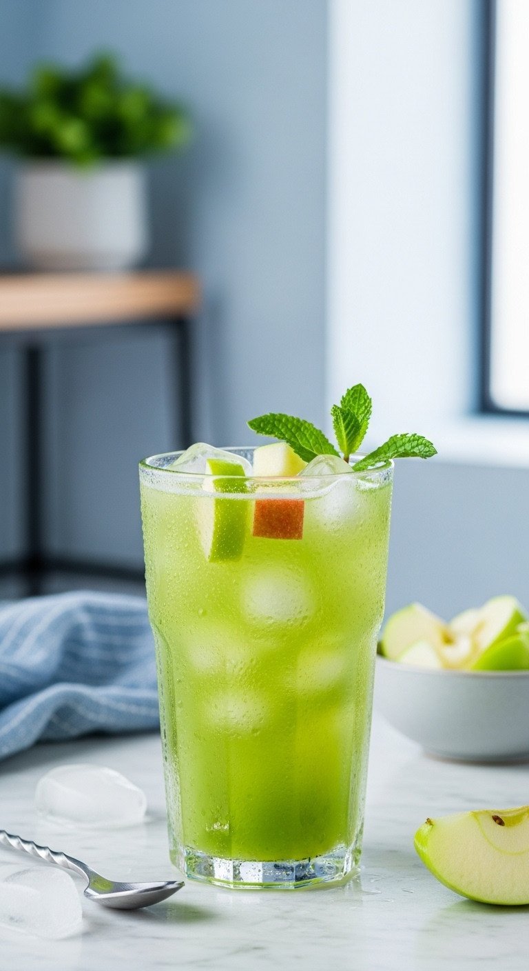 Refreshing iced apple green tea in a tall, condensation-covered glass with apple cubes and mint on a marble countertop.
