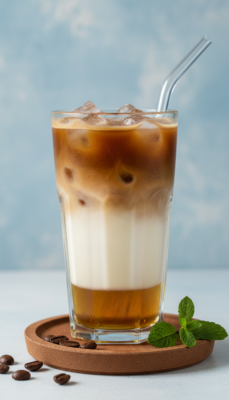 Homemade Honey Coffee Syrup: The Ultimate Easy Recipe 7 Refreshing iced honey latte in a tall glass with layers of milk, espresso, honey syrup, and ice, on a wooden coaster. Cold coffee drink.