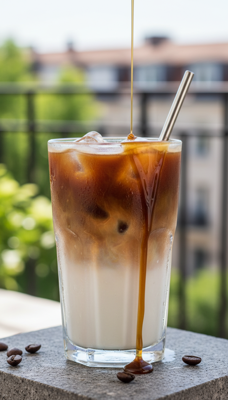 Refreshing iced oat milk latte with hazelnut syrup drizzle, condensation, and coffee beans on a stone surface. Cafe scene.