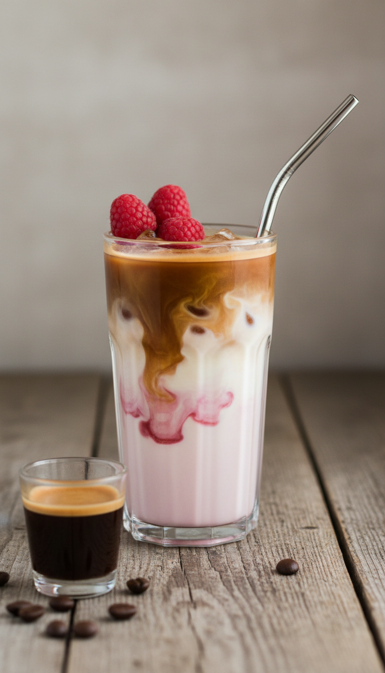 Homemade Raspberry Coffee Syrup: 7 Essential Recipes 7 Refreshing iced raspberry latte in a tall glass with pink syrup swirling into milk and espresso, topped with fresh raspberries and straw.