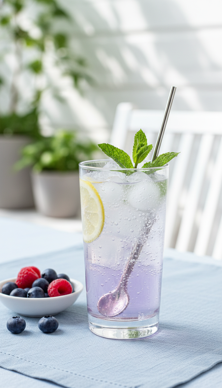 Homemade Lavender Coffee Syrup: Fresh & Dried Guide 11 Refreshing lavender sparkling water mocktail with lemon slices, mint, and ice in a tall glass on a blue tablecloth.
