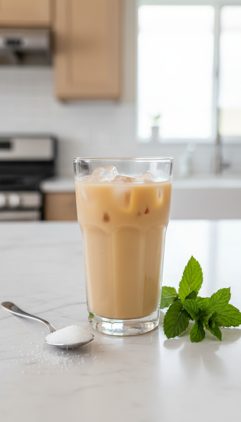 Refreshing, light iced chai latte in a tall glass with pristine ice and mint. Healthy low-calorie drink on a white marble countertop.