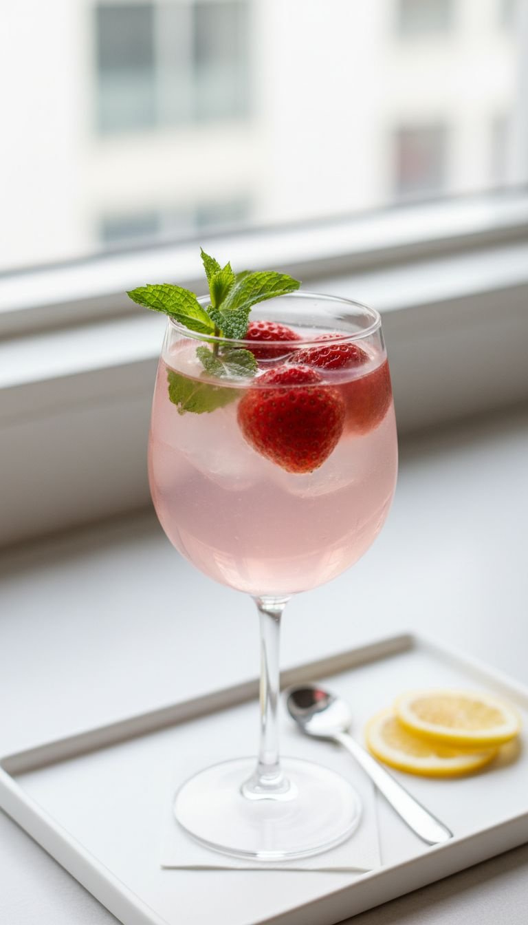 Refreshing low-sugar strawberry iced tea with mint and whole strawberries in an elegant stemmed glass on a white tray.