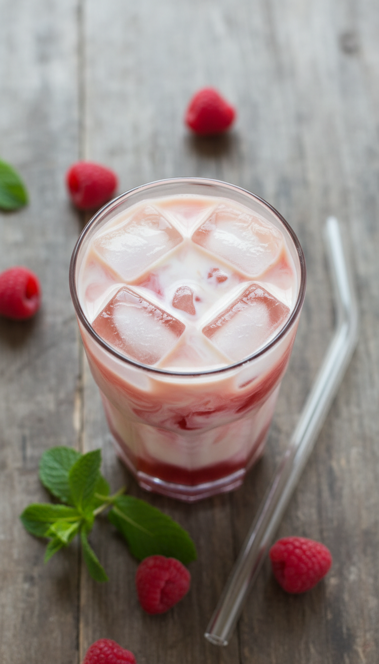 Refreshing raspberry almond milk iced coffee in a clear glass with ice, mint, fresh raspberries on rustic wood table.