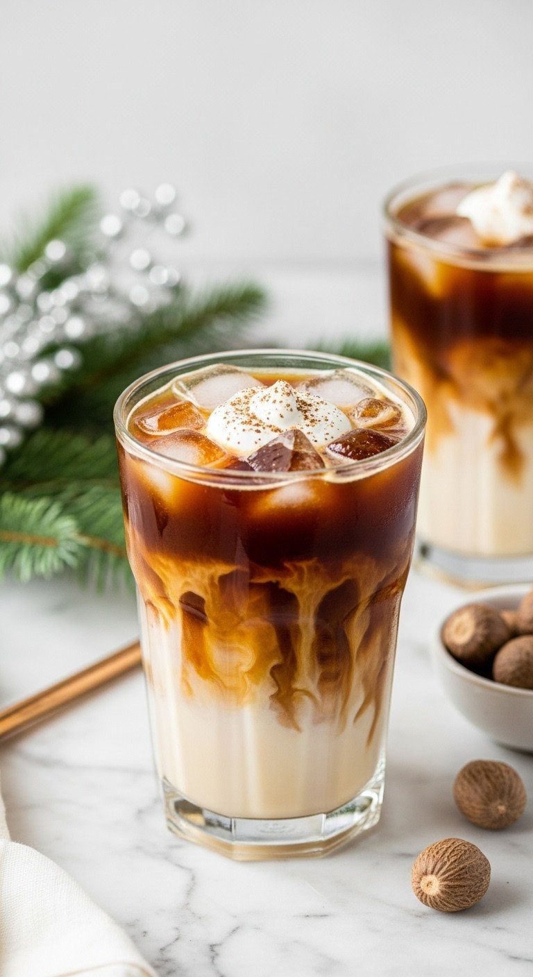 Refreshing spiced iced eggnog cold brew in a tall glass with nutmeg dusting, ice, and reusable straw on marble.