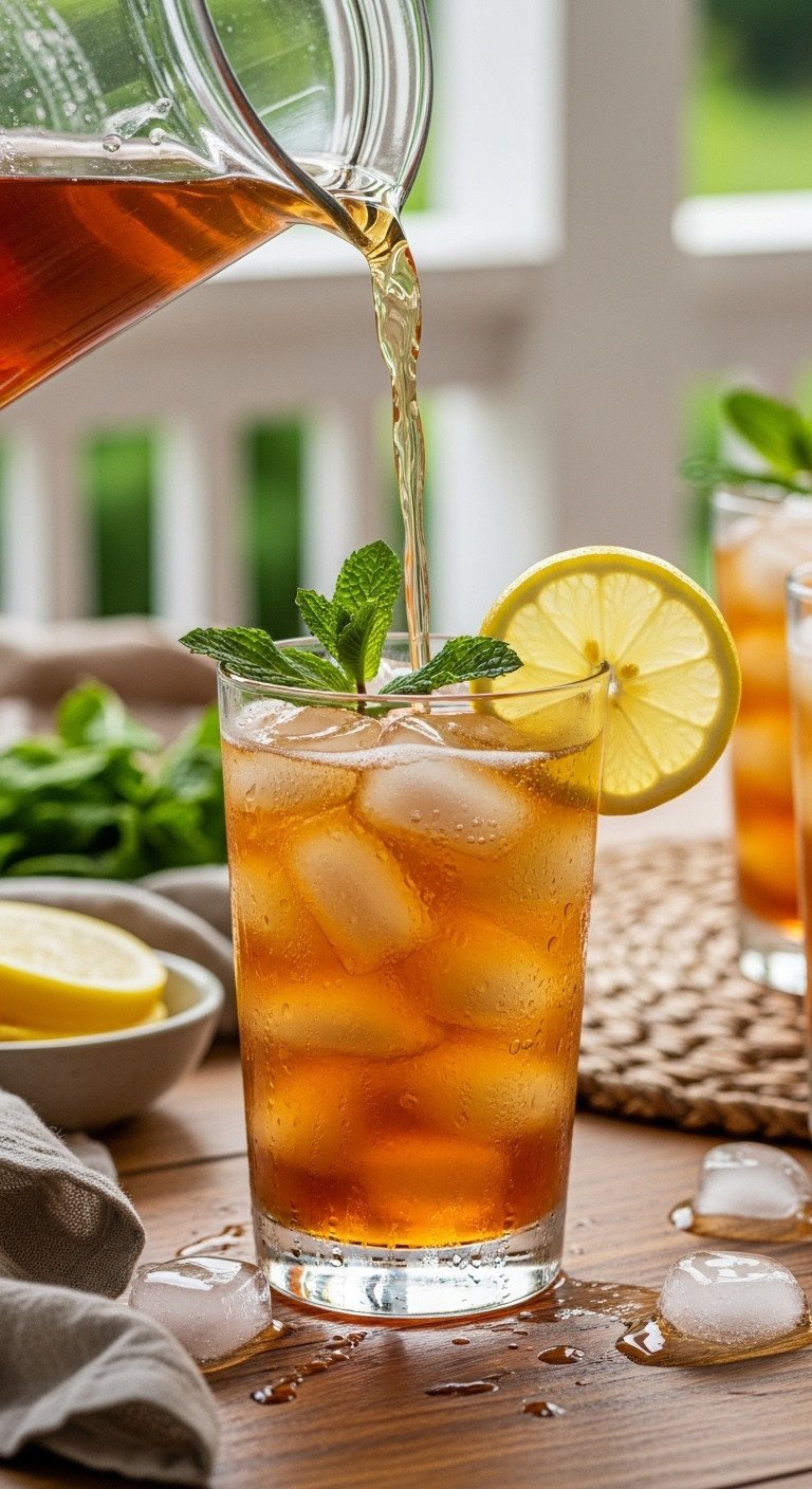 The Foolproof Sweet Tea Recipe For Perfect Clear Tea 9 Refreshing sweet tea poured into a tall glass of ice, garnished with fresh mint and a lemon slice for a summer drink.