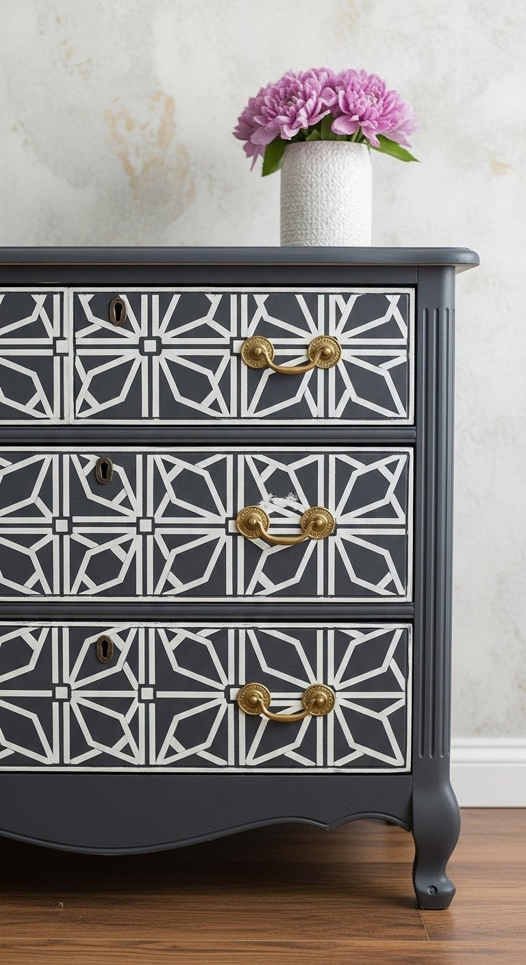 Refurbished charcoal chest of drawers with elegant geometric stencil pattern, gold hardware, and a small flower vase.