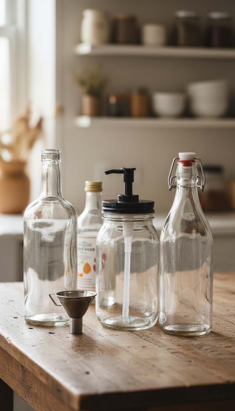 Repurposed glass bottles (mason jar pump, swingtop, liquor) on a rustic wooden table, ready for homemade syrup.