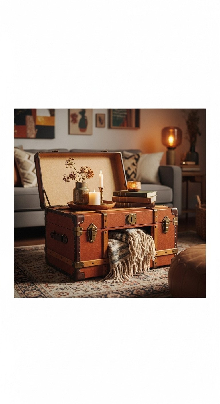 Repurposed vintage trunk coffee table in a cozy eclectic living room. Trunk is slightly open, revealing stored blankets or books.