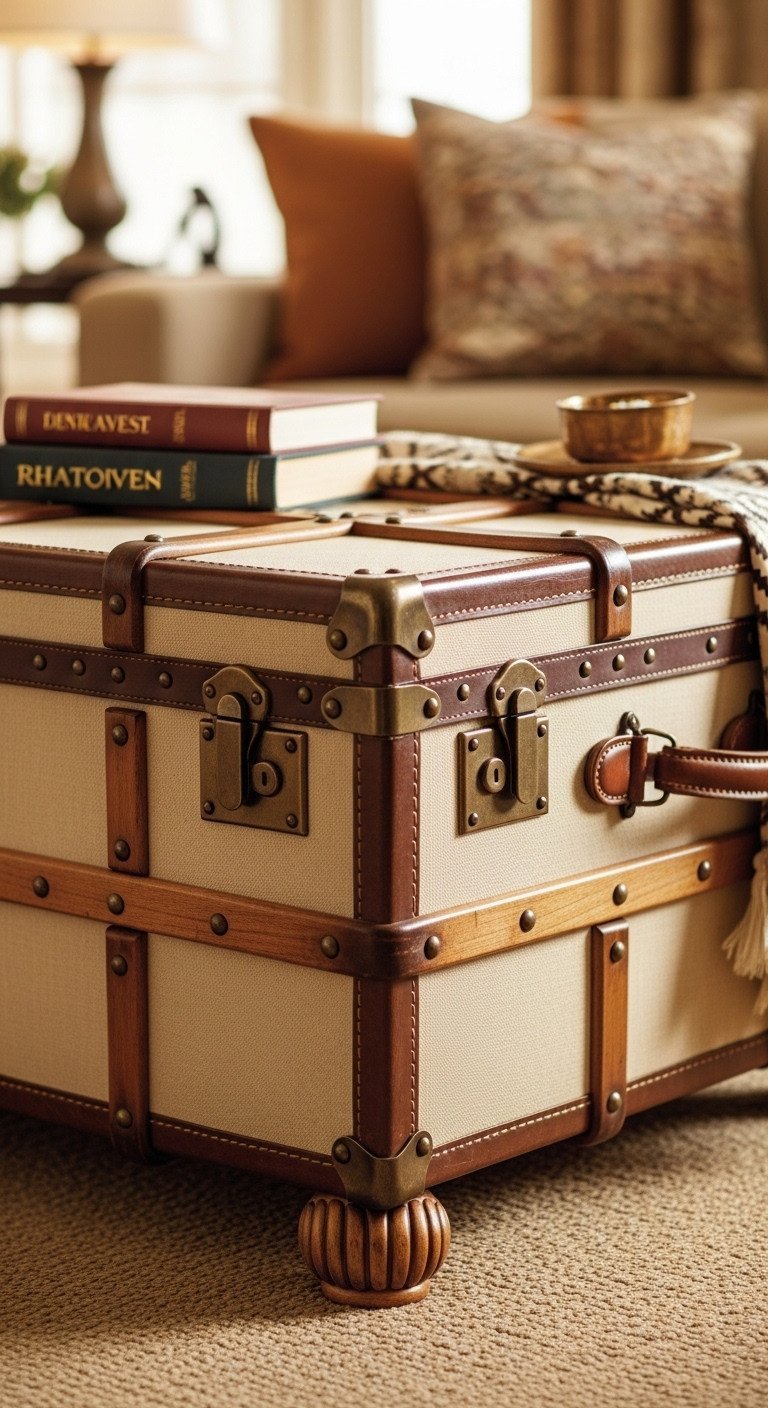 Repurposed vintage trunk coffee table, leather texture, decorative feet, storage. Cozy living room.