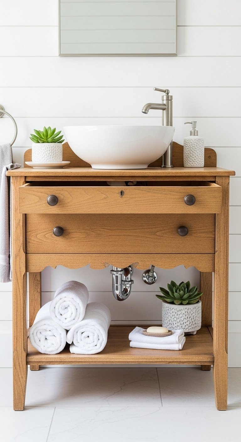 Repurposed vintage wooden dresser as a chic bathroom vanity with a vessel sink, faucet, new hardware, white shiplap wall, and rolled towels.