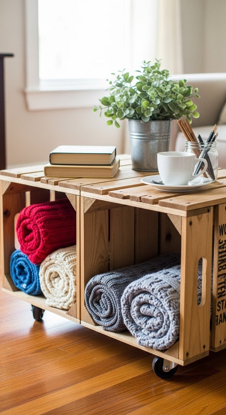 Repurposed wood crate coffee table with vintage patina, built-in storage cubbies, casters, cozy living room design.