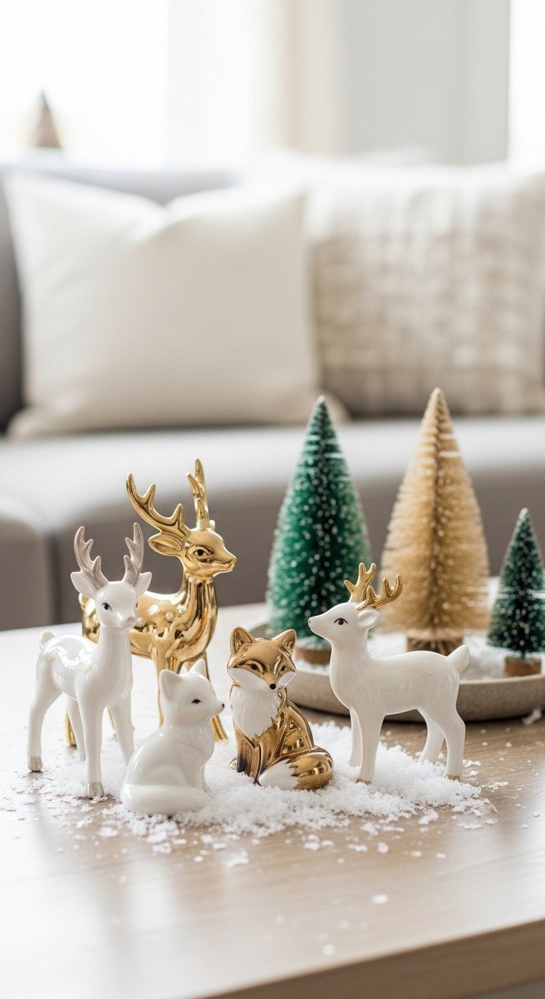 Retro ceramic deer and fox figurines on faux snow, with vintage tinsel and bottle brush trees, on a wood coffee table.