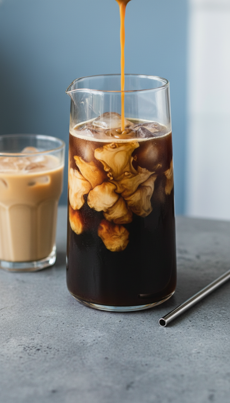 Rich Cold Brew coffee with creamy butter pecan swirl, creating distinct marbled layers, with coffee ice cubes and metal straw on stone.
