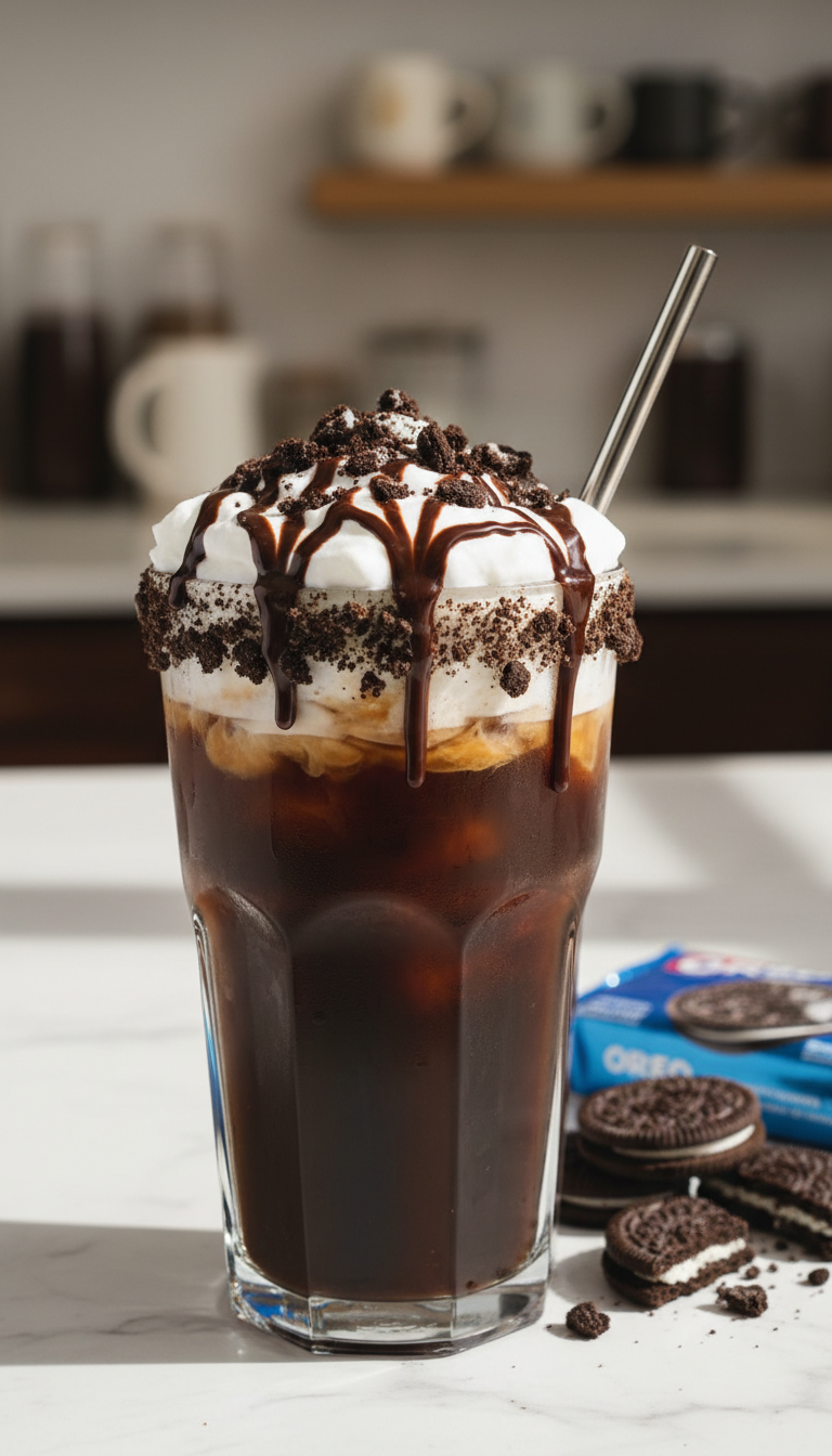 Rich Cookies & Cream iced coffee with dark chocolate drizzle, thick cream foam, crushed Oreo pieces, on a marble counter in soft daylight.