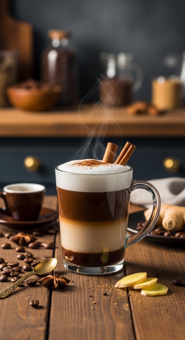 Chai Latte Recipe Master The Perfect Spice And Froth 11 Rich Dirty Chai Latte in clear glass mug, layered with espresso, chai, and milk foam, on rustic wooden table.