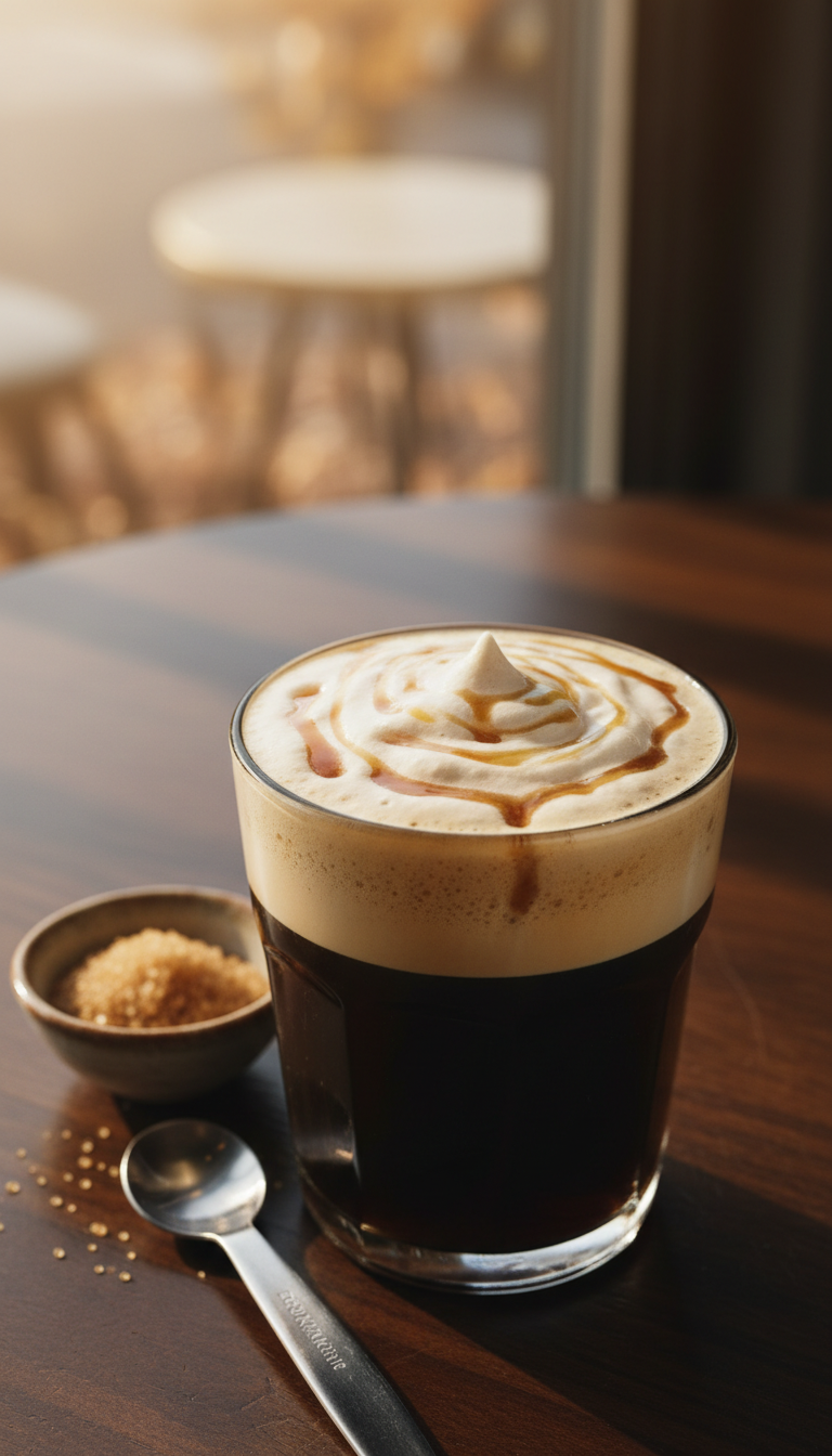 Rich Dunkin' Cold Brew with thick cold foam, caramel drizzle. Custom coffee drink on dark wood, warm light, sugar accents.