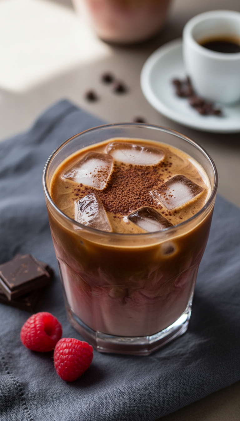 Rich Raspberry Mocha Kiss iced coffee with creamy blush, cocoa dusting, fresh raspberries on dark linen napkin, natural light.
