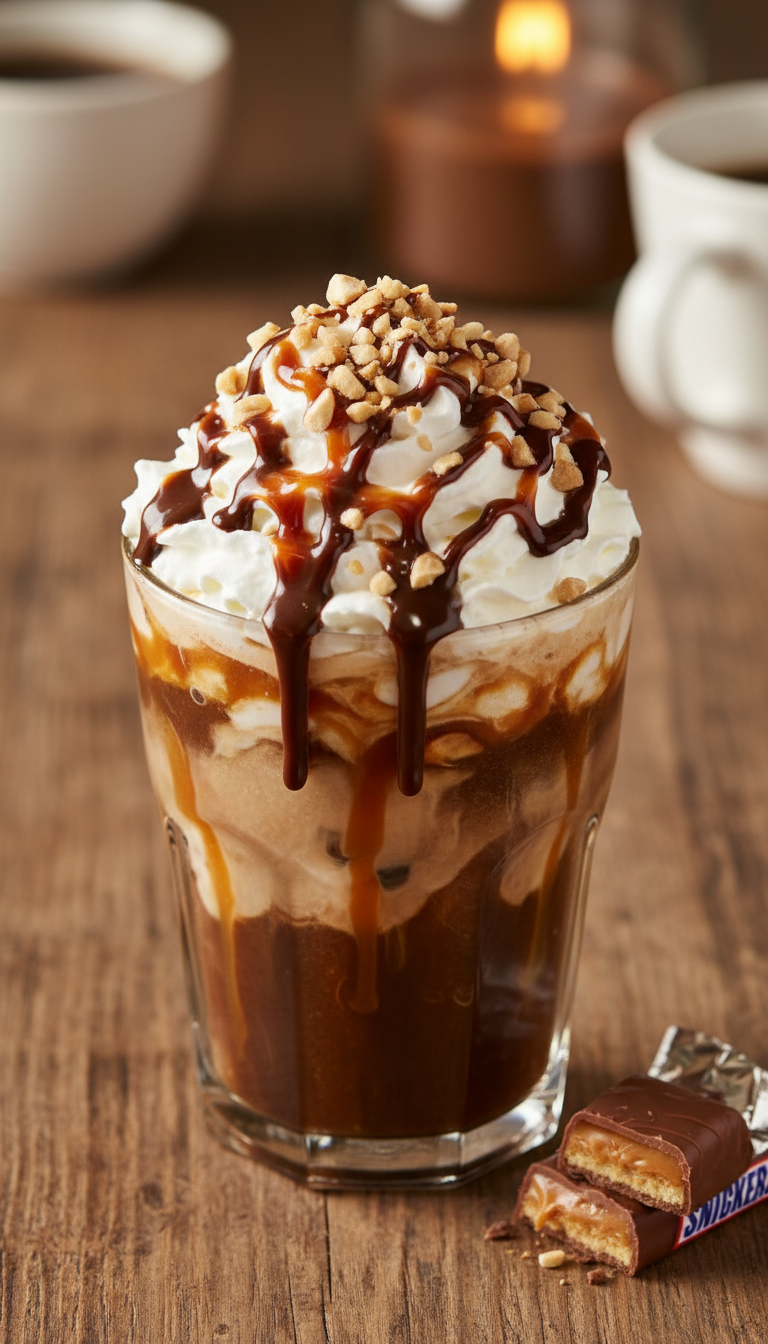Rich Snickers Bar iced coffee swirled with caramel & chocolate, topped with whipped cream, drizzles, peanuts, rustic wooden table.