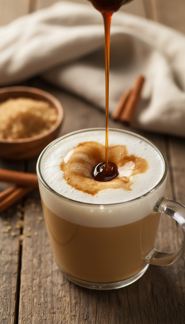 Simple Homemade Coffee Syrup: 7 Essential Recipes 3 Rich brown sugar cinnamon syrup drizzled onto a latte, with cinnamon sticks and brown sugar on a rustic table.