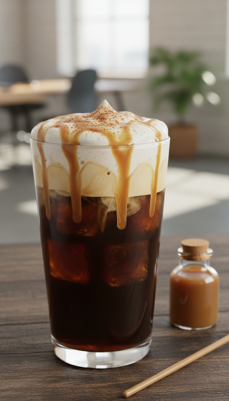 Rich caramel cinnamon cold foam coffee, layered cold brew, thick caramel drizzle, cinnamon, stirrer on dark wood.