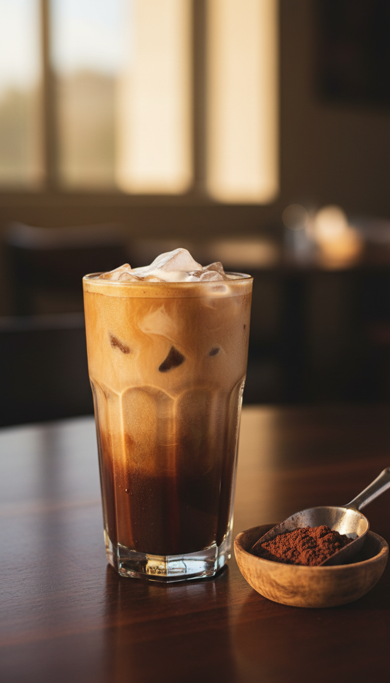 Dunkin' Sugar Free Iced Coffee: 11 Best Healthy Orders 21 Rich chocolate mocha iced coffee with creamy dark layers, cocoa powder, metal scoop on dark wood, cafe setting.