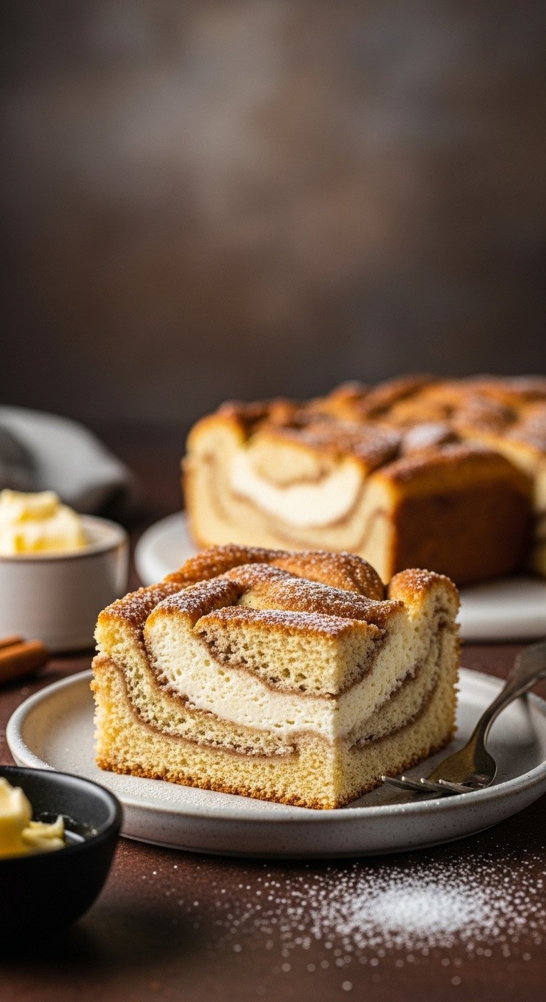 Best Moist Christmas Coffee Cake for a Perfect Holiday 7 Rich cream cheese swirl coffee cake slice, thick creamy filling, cinnamon spiced, with powdered sugar dust.