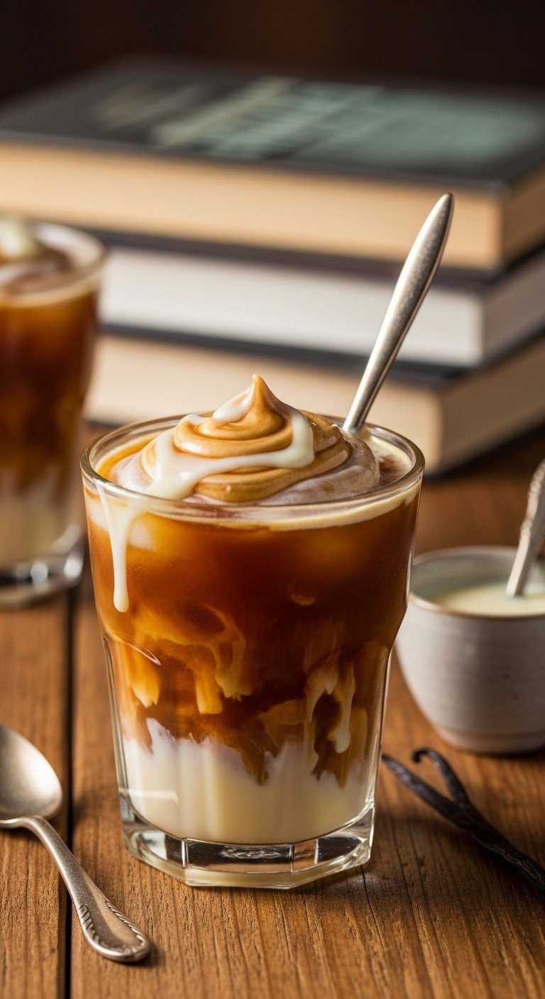 7 Genius Dirty Horchata Coffee Recipes And Perfect Ratios 13 Rich, creamy iced coffee with thick condensed milk swirls, vanilla bean, and extra milk on rustic wooden table.