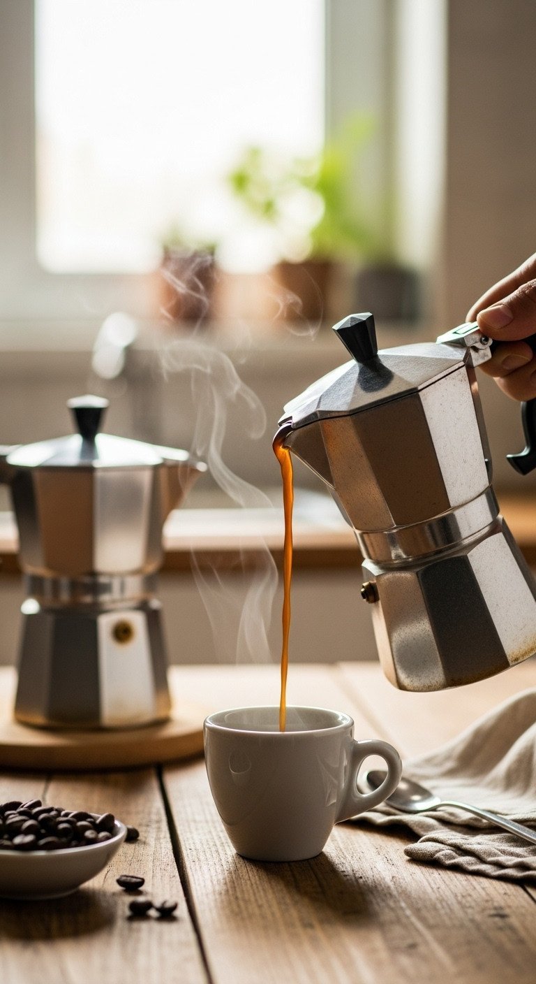 How To Make Espresso At Home That Tastes Like A Cafe 1 Rich, dark Moka Pot coffee with a wisp of steam being poured into a white ceramic espresso cup on a rustic wooden table.