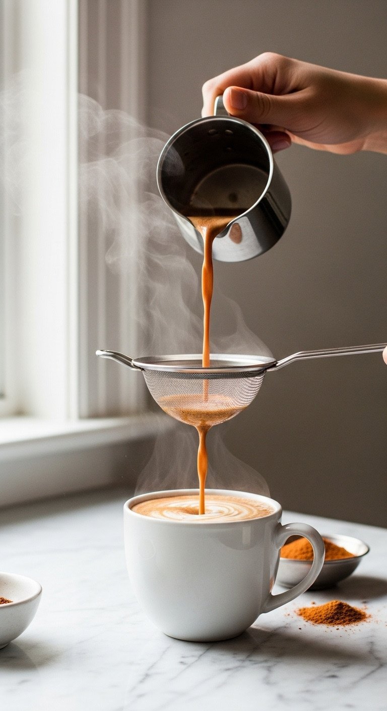 Master Masala Chai Perfect Ratios and Traditional Method 13 Rich dark brown Masala Chai poured through a strainer into an elegant ceramic mug, steam rising and creamy foam forming.