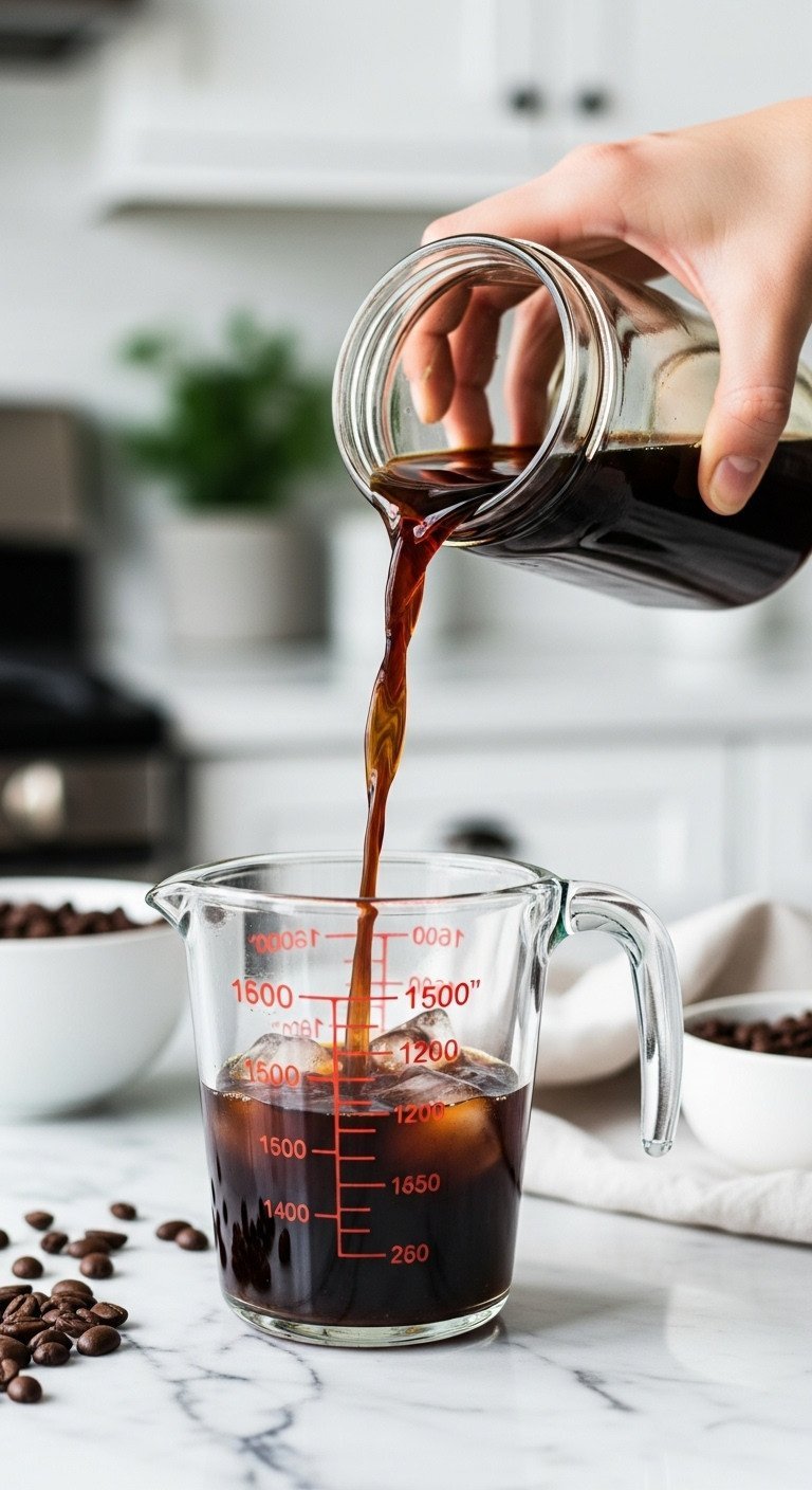Mocha Frappe Copycat Guide For Perfect Creamy Texture 1 Rich, dark cold brew coffee concentrate pouring into a clear measuring cup on a marble counter with scattered beans.