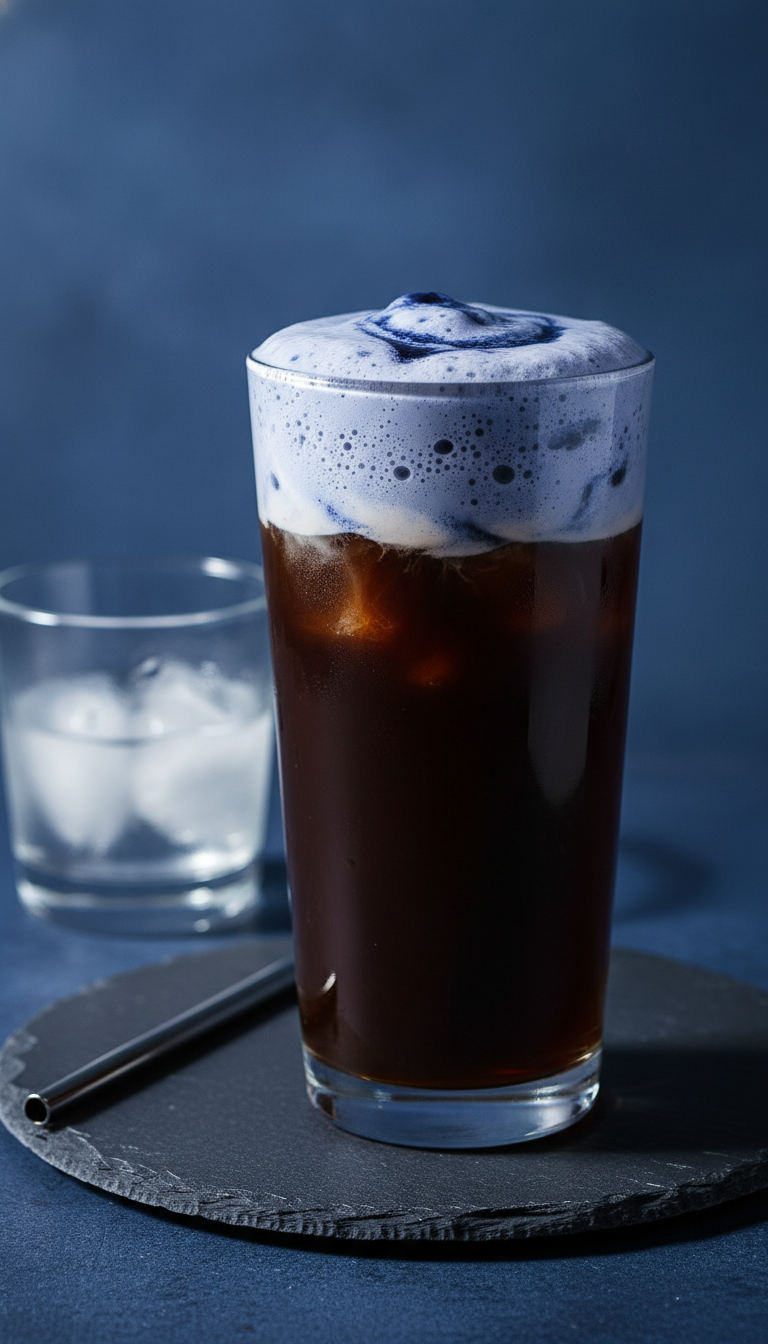Dunkin Blueberry Iced Coffee Order: 7 Viral Recipes to Try 13 Rich dark cold brew coffee with velvety blueberry-infused cold foam, sophisticated and elegant drink on dark surface.