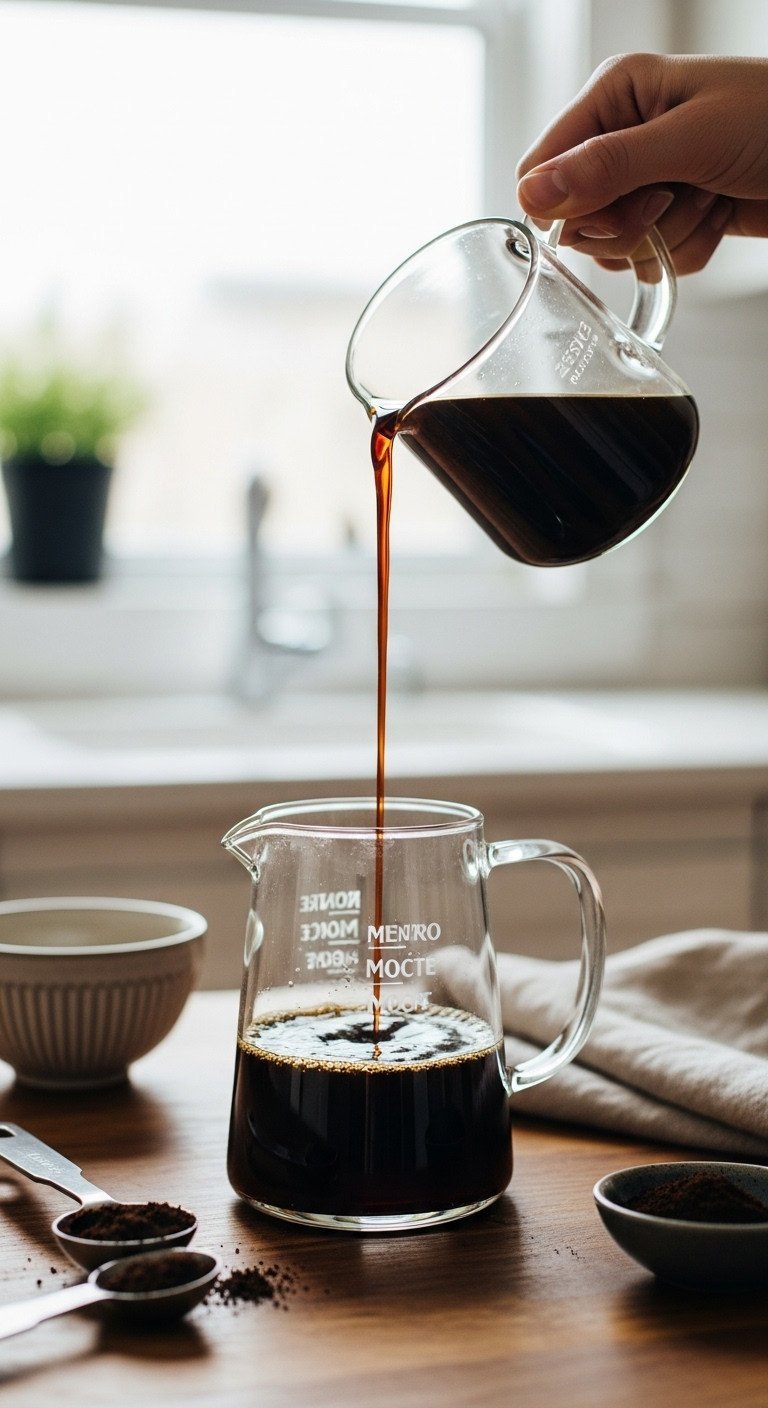 Rich, dark cold brew concentrate drips into a glass carafe on rustic wood. Key step for homemade nitro cold brew coffee.
