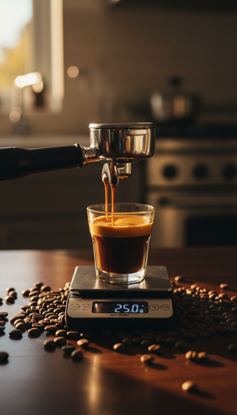 Master The Ube Latte 7 Expert Secrets For Perfect Color 3 Rich dark espresso pulling into a clear shot glass on a digital scale, showing precise weight; coffee beans on wooden table.