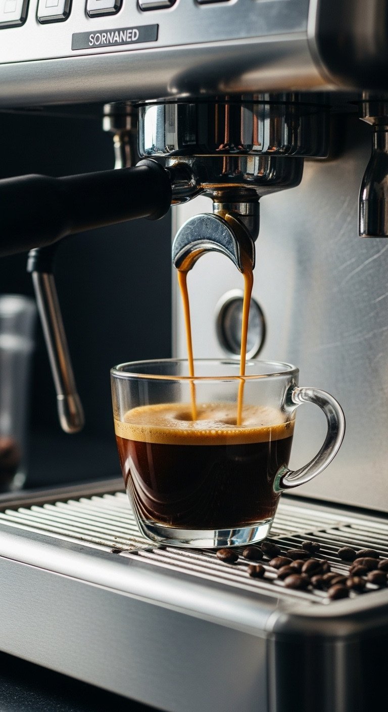 Pumpkin Spice Latte Master The 7 Step Real Recipe 5 Rich dark espresso shot with golden crema pulled into clear glass from a home machine on a stainless steel counter. Coffee beans.