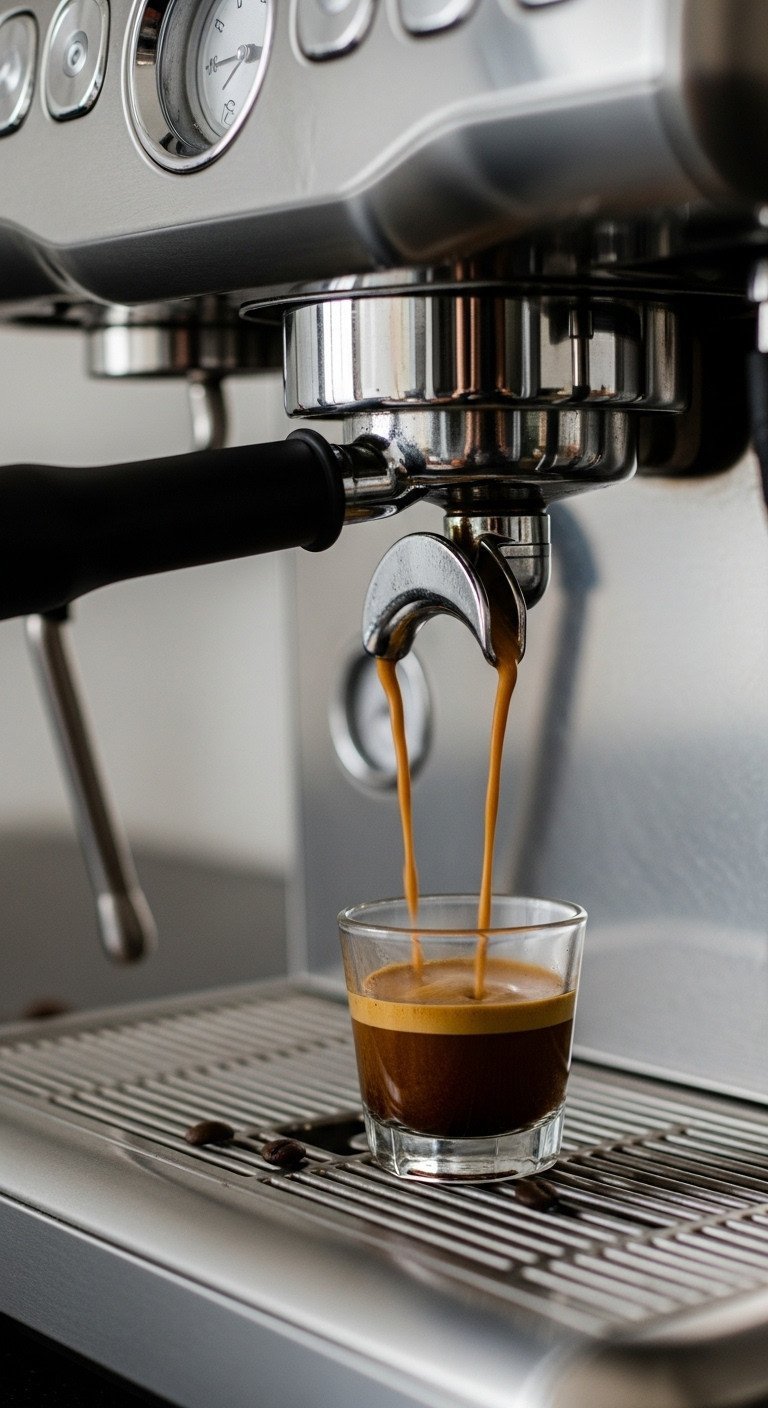 The Perfectly Balanced Dirty Chai Latte A Simple Homemade Recipe 5 Rich, dark espresso with perfect golden crema cascades from a machine into a small glass shot glass on granite.