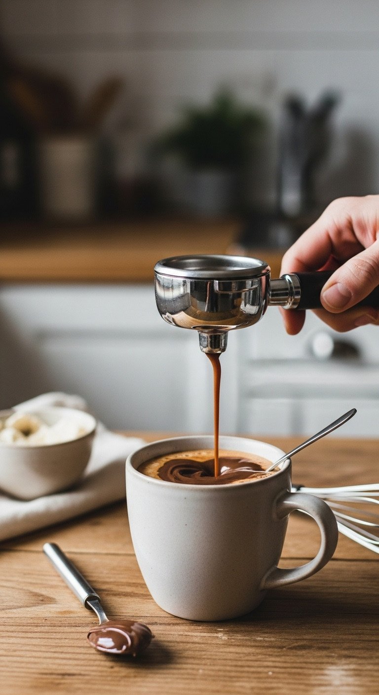 The Simple Trick For A Perfectly Creamy Nutella Latte 1 Rich espresso pouring from a portafilter into a ceramic mug with Nutella. A cozy kitchen scene for a coffee recipe.