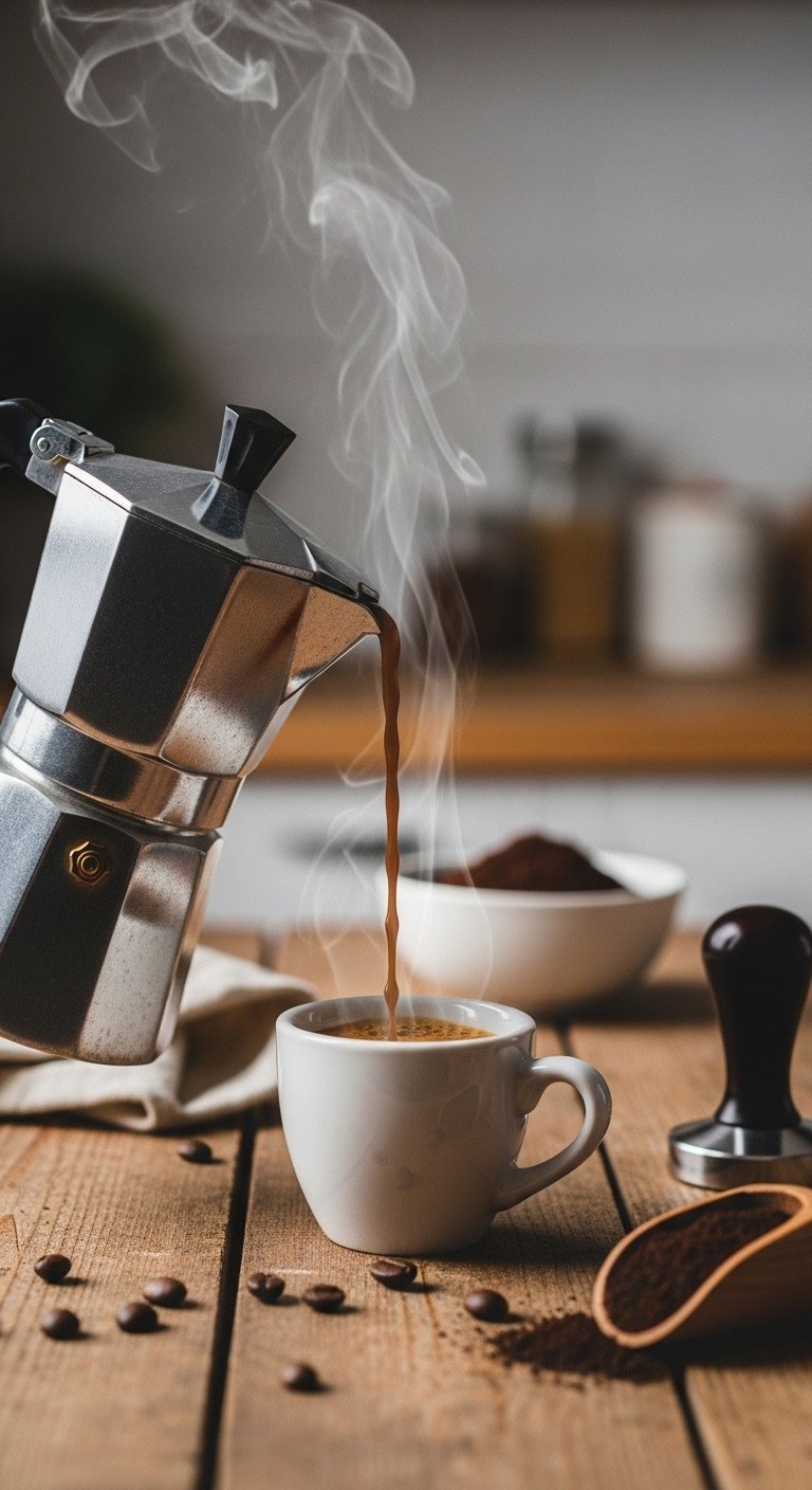 Iced Ube Latte Master Recipe For Vibrant Color And Creaminess 5 Rich espresso pours from a classic Moka pot into a ceramic demitasse cup with crema, scattered beans, rustic wood.